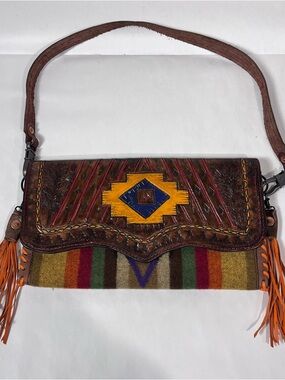 Artisan Handmade Leather Pendleton Wool Fringed Shoulder Bag Purse